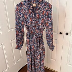 Sezane Blue and Red Floral Long Sleeve Midi Dress Ruffled Collar Flared Skirt